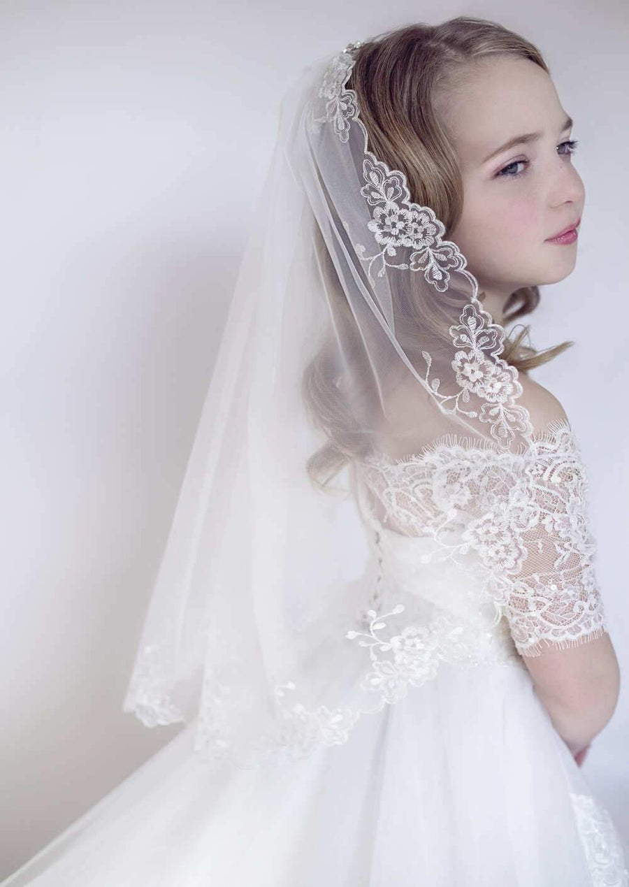 Pencil-Edge Communion Veil With Pearl Flowers David's Bridal