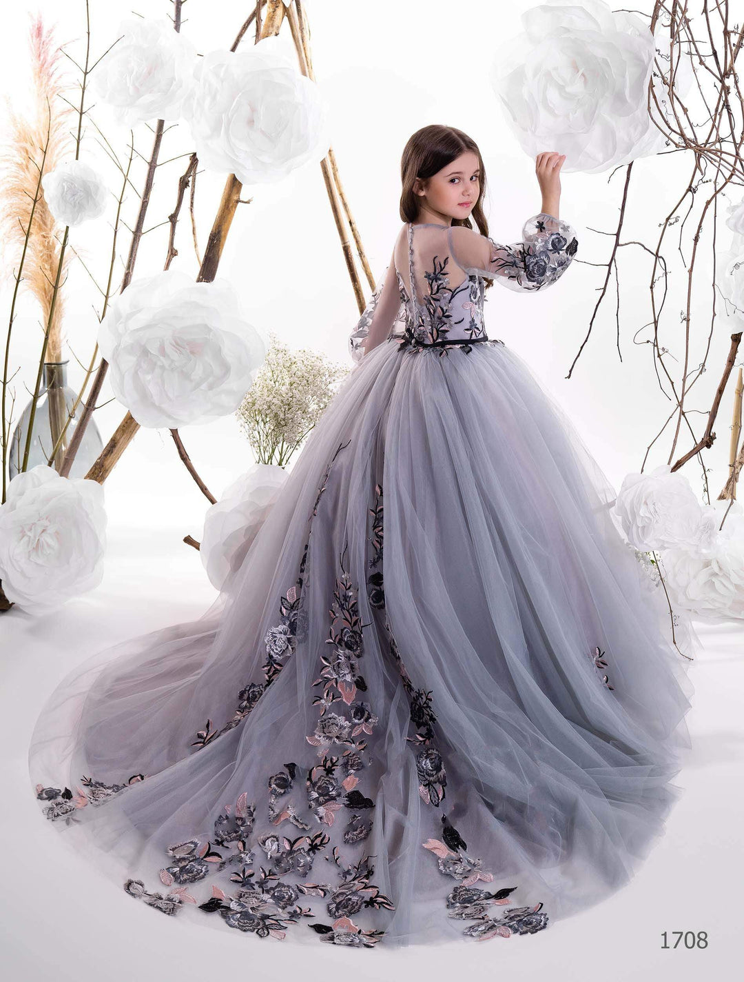 Junior Bridesmaid Dress – Long Tulle Gown with Floral Embroidery