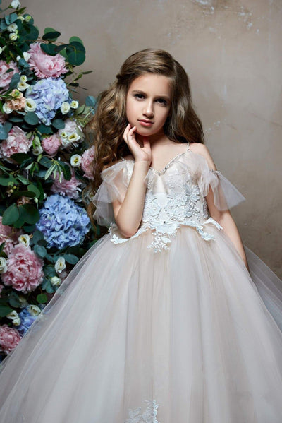 2301 Samira Girls Cold Shoulder Tulle Ball Gown for Wedding or Quinceanera - Mia Bambina Boutique
