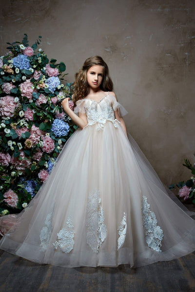2301 Samira Girls Cold Shoulder Tulle Ball Gown for Wedding or Quinceanera - Mia Bambina Boutique
