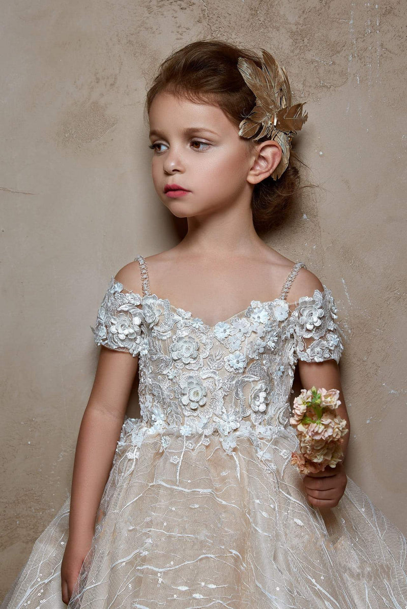 Ivana - Off Shoulder Flower Girl Dress with an Intricate Floral Design - Mia Bambina Boutique
