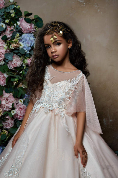 2303 Adelia Flare-sleeve Tulle Junior Bridesmaid Gown with Lace Appliques - Mia Bambina Boutique