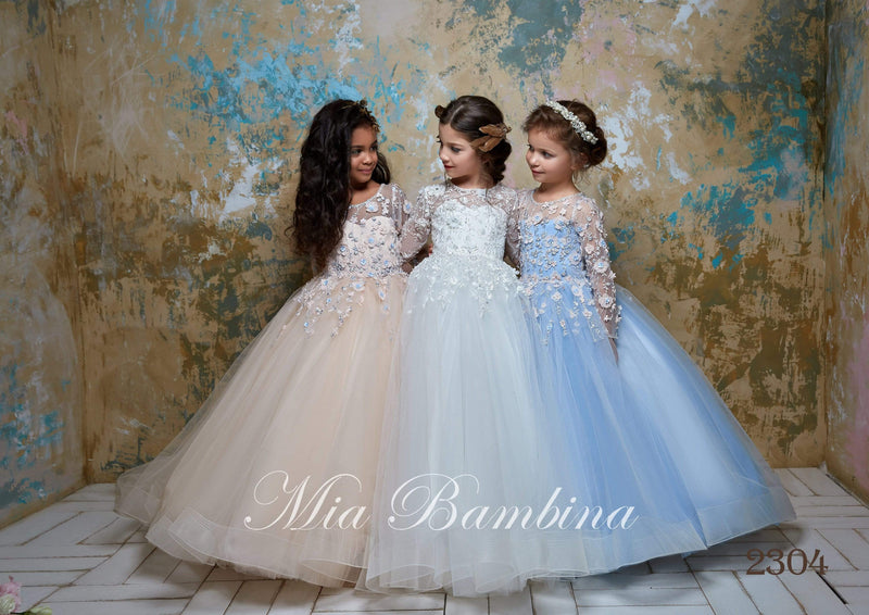 2304 Susanna Elegant Flower Embroidered Princess Tulle Dress with Train for Girls - Mia Bambina Boutique