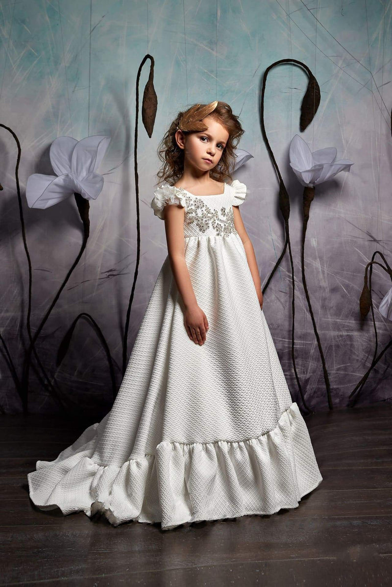 2306 Boho Style Girls Flounce Short-sleeve Open Back Maxi Dress for Birthday or Wedding - Mia Bambina Boutique