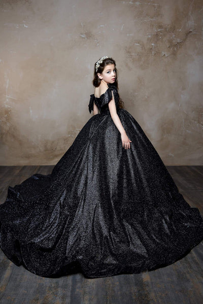 2311 Tina Girls Sparkly Glitter Tulle Ball Gown with Bows in Black or Silver - Mia Bambina Boutique
