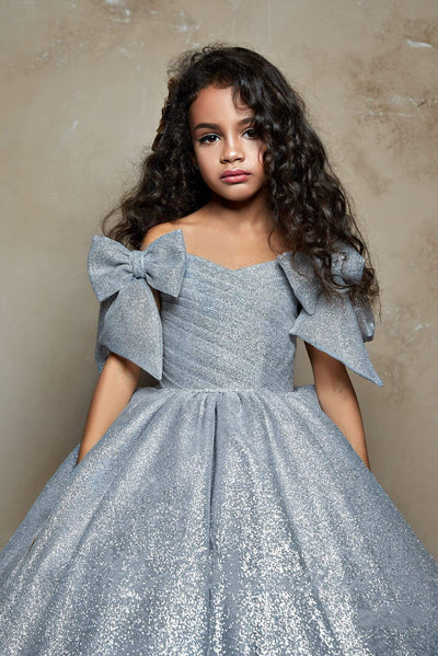 2311 Tina Girls Sparkly Glitter Tulle Ball Gown with Bows in Black or Silver - Mia Bambina Boutique
