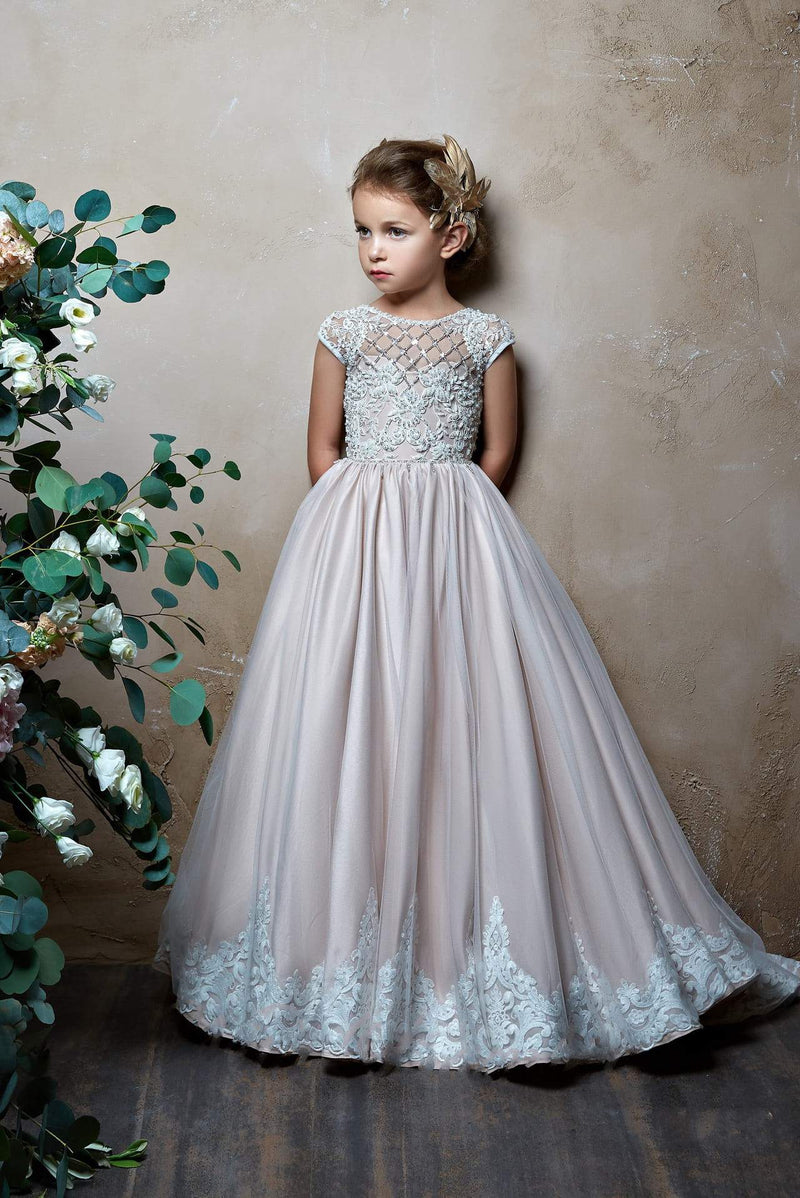 2312 Ramselle Girls Cap Sleeves Lace Appliques Tulle Princess Ball Gown - Mia Bambina Boutique