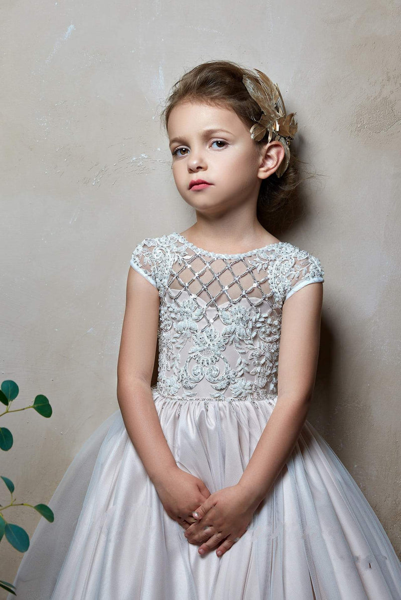 Flower Girl Dress Cap Sleeves Lace Appliques Tulle Princess Ball Gown ...