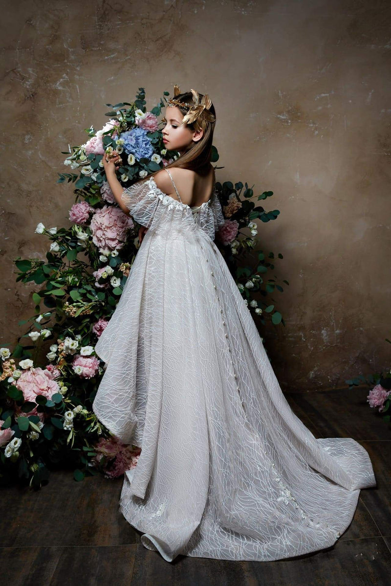 2313 Jardine Flower Girl Hi-Low Boho Style Off-the-Shoulder Flounce Dress for Photoshoots - Mia Bambina Boutique