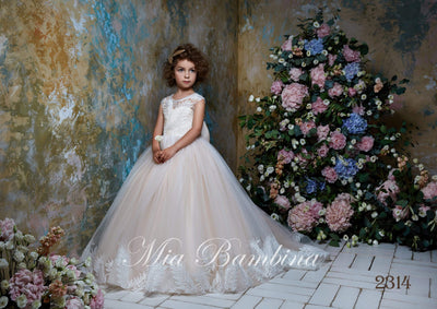 2314 Enrica Sleeveless Lace Illusion Bodice Princess Ball Gown Flower Girl with Cape - Mia Bambina Boutique