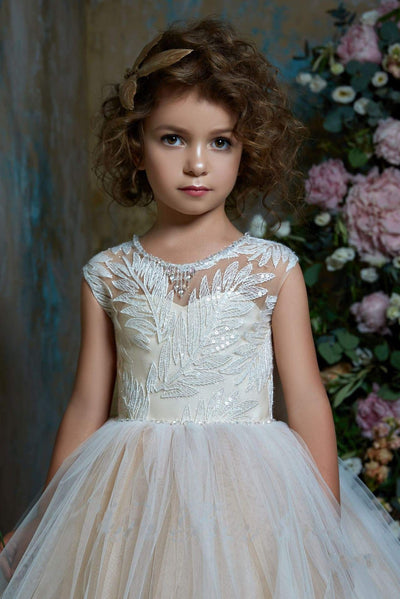 2314 Enrica Sleeveless Lace Illusion Bodice Princess Ball Gown Flower Girl with Cape - Mia Bambina Boutique