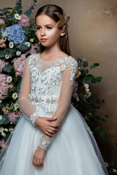 Paloma - First Communion Dress with Long Sheer Sleeves and Embroidery - Mia Bambina Boutique