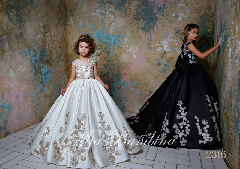2316 Gratia Sleeveless Contrast Lace Bodice Satin Ball Gown for Flower Girls - Mia Bambina Boutique