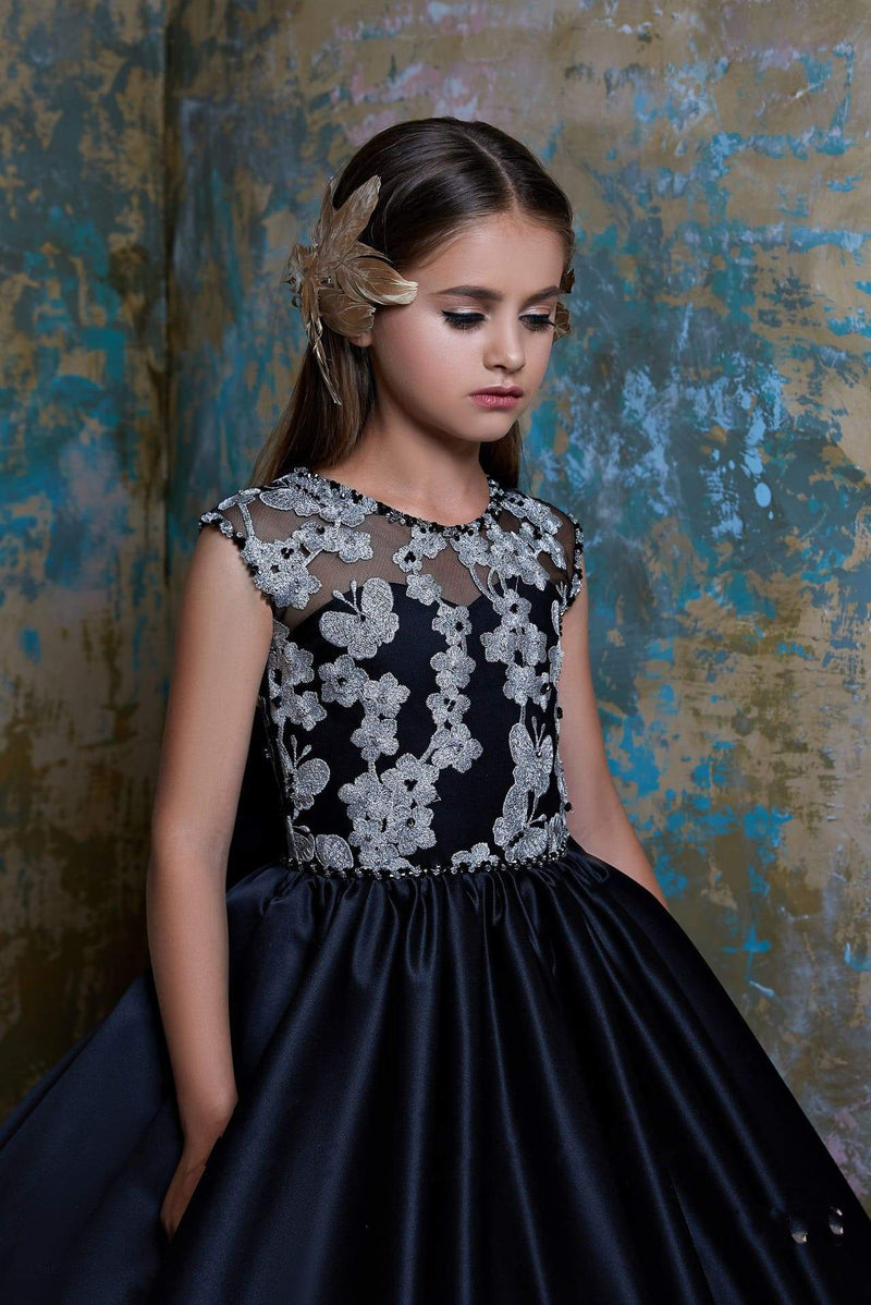 2316 Gratia Sleeveless Contrast Lace Bodice Satin Ball Gown for Flower Girls - Mia Bambina Boutique