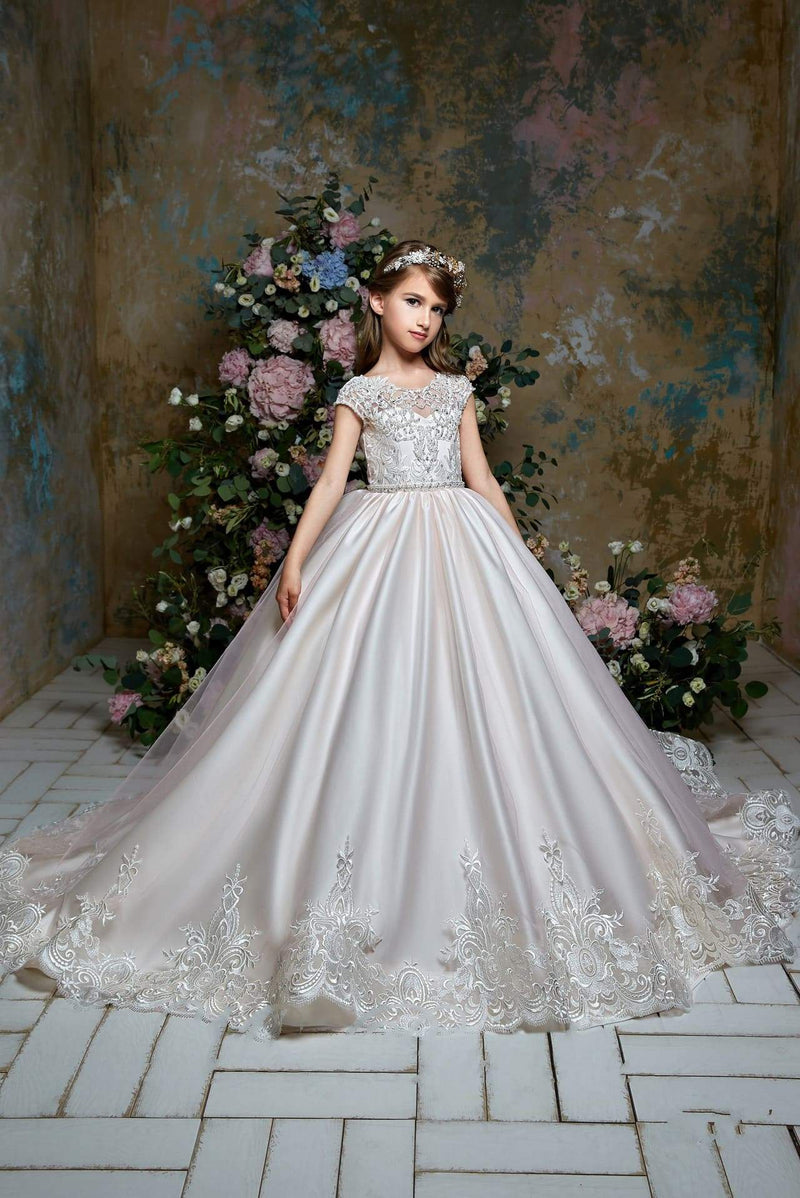 2317 Kamea Junior Bridesmaid Cap Sleeves Beaded Top Tulle Princess Ball Gown - Mia Bambina Boutique
