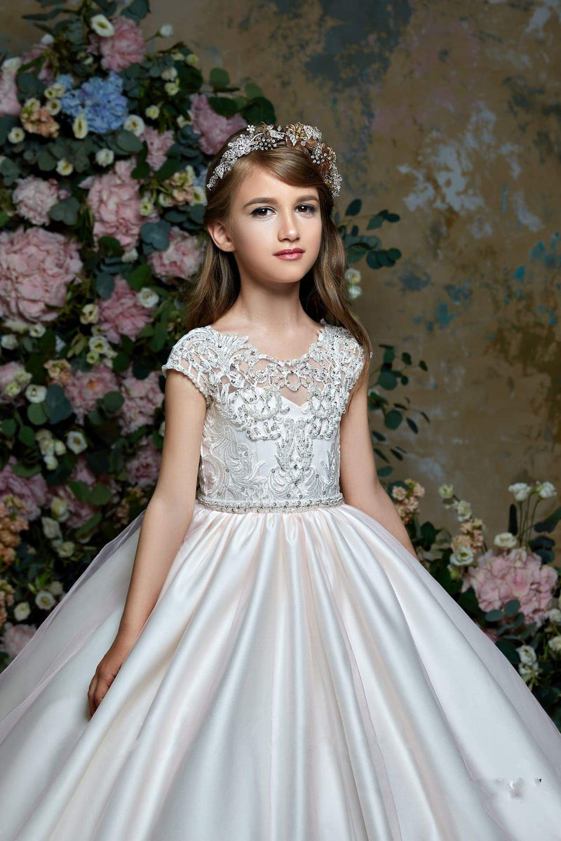 2317 Kamea Junior Bridesmaid Cap Sleeves Beaded Top Tulle Princess Ball Gown - Mia Bambina Boutique