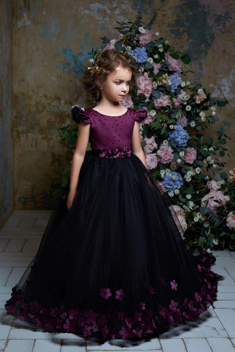 2318 Paulina Burgundy Girls Flutter Sleeves Ball Gown Long Dress with Train - Mia Bambina Boutique