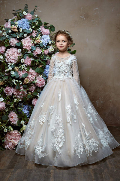 2320 Rosalina Flower Girl Long Sleeve Princess Ball Gown with Feather Accents - Mia Bambina Boutique