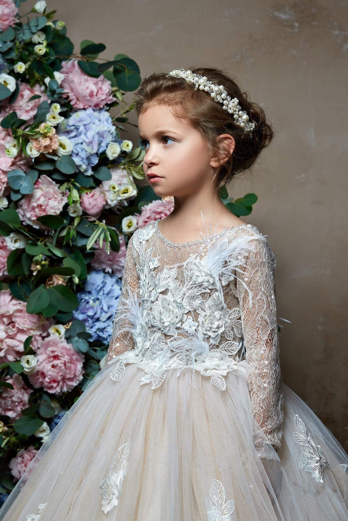Flower Girl Long Sleeve Princess Ball Gown with Feather Accents – Mia ...