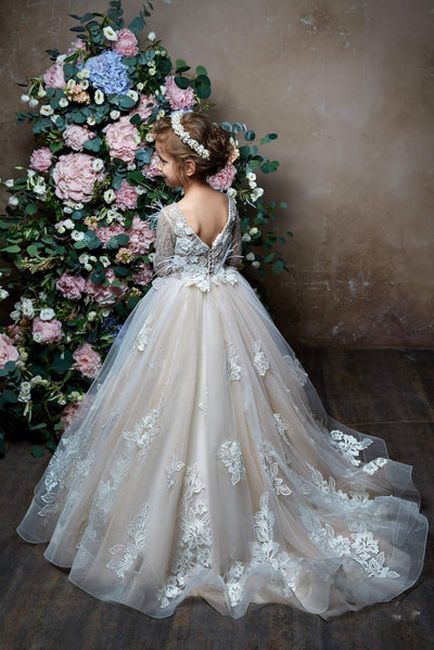 2320 Rosalina Flower Girl Long Sleeve Princess Ball Gown with Feather Accents - Mia Bambina Boutique