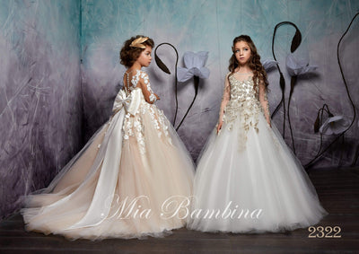 2322 Serafima Illusion Long Sleeve Contrast Floral Lace Junior Bridesmaid Gown - Mia Bambina Boutique