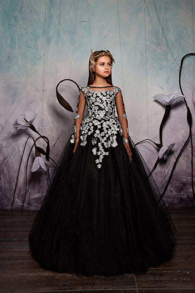 2322 Serafima Illusion Long Sleeve Contrast Floral Lace Junior Bridesmaid Gown - Mia Bambina Boutique