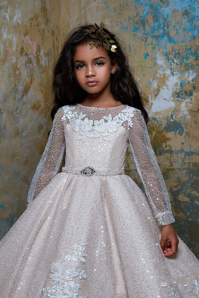 2323 Flower Girl Sparkly Long Sleeve Beaded Tulle Princess Ball Gown - Mia Bambina Boutique