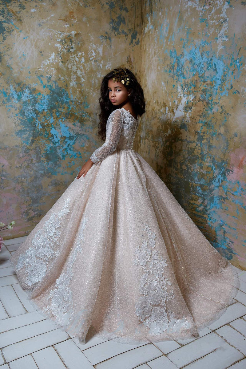 2323 Flower Girl Sparkly Long Sleeve Beaded Tulle Princess Ball Gown - Mia Bambina Boutique