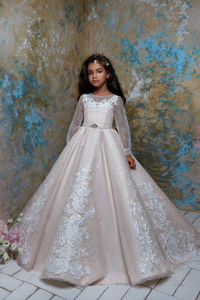 2323 Flower Girl Sparkly Long Sleeve Beaded Tulle Princess Ball Gown - Mia Bambina Boutique