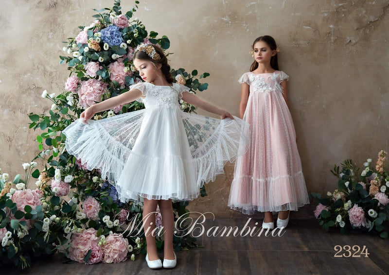 2324 Girls Empire Waist Boho Style Flounce Sleeves Long Short Dress - Mia Bambina Boutique