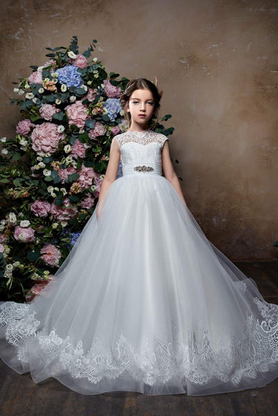 2325 Flower Girl Elegant Classic Short Sleeve Lace Tulle Princess Ball Gown - Mia Bambina Boutique