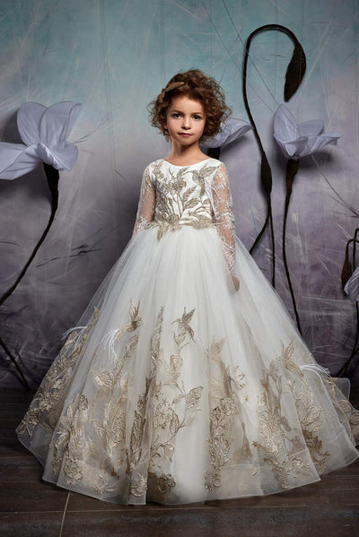 2326 Flower Girl Long Sleeved Embroidered Princess Ball Gown with a V-Cut Back - Mia Bambina Boutique