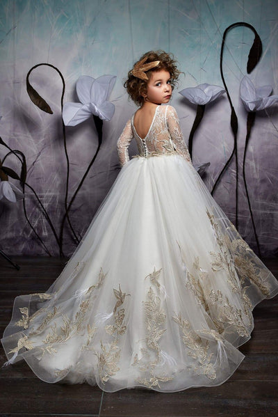 2326 Flower Girl Long Sleeved Embroidered Princess Ball Gown with a V-Cut Back - Mia Bambina Boutique