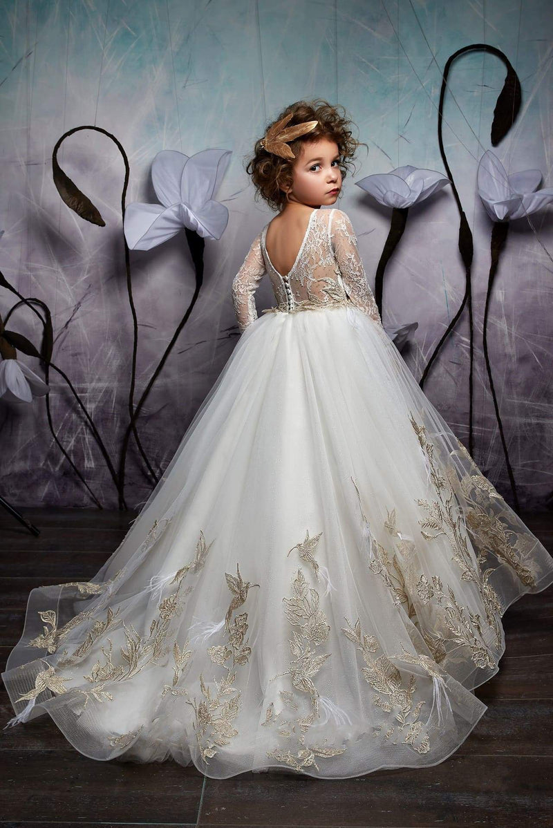 2326 Flower Girl Long Sleeved Embroidered Princess Ball Gown with a V-Cut Back - Mia Bambina Boutique