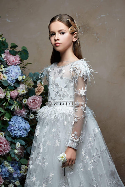 2327 Luxurious Girls Long Sleeve Star Lace Gown with Feathers & Rhinestones - Mia Bambina Boutique