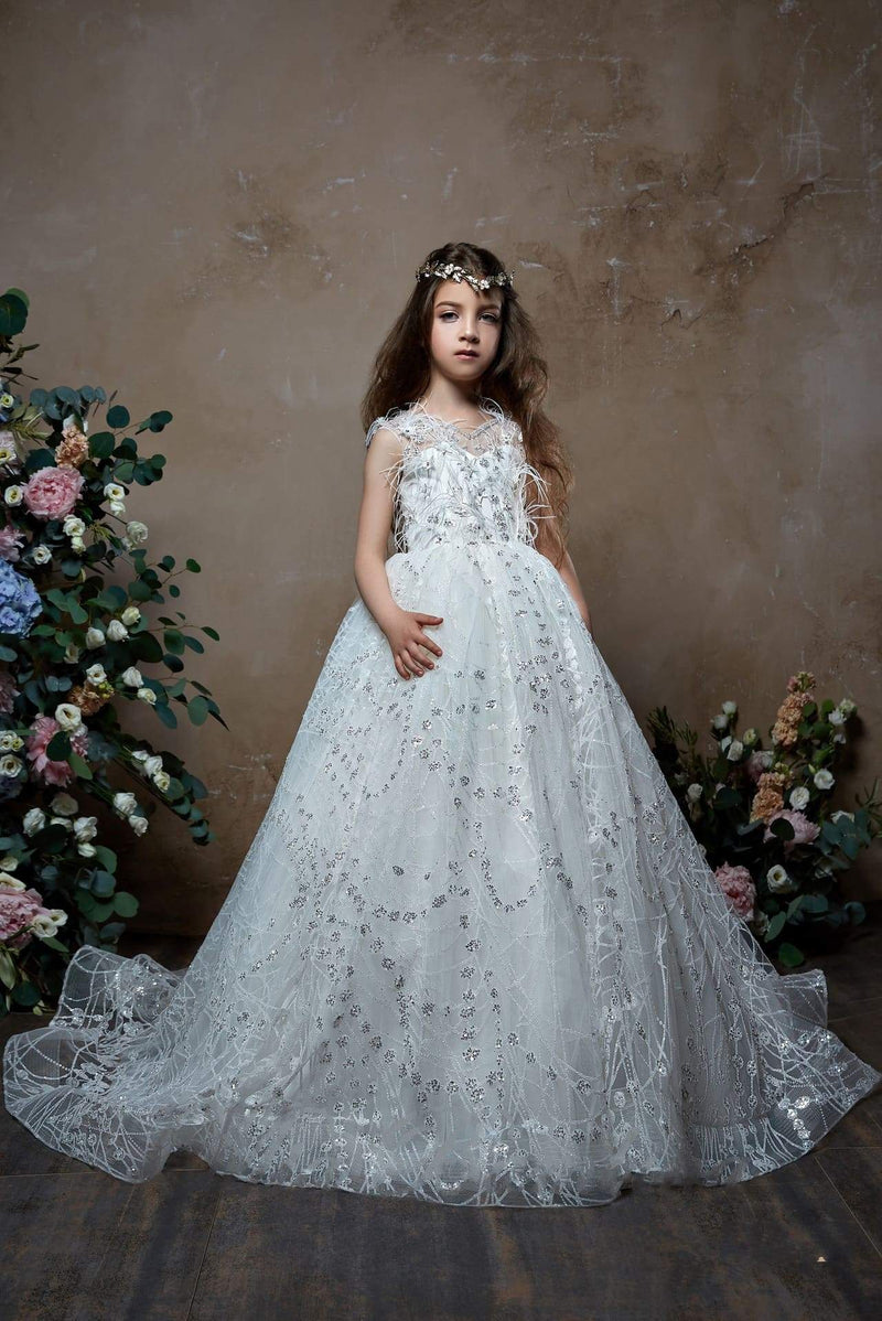 2341 Junior Bridesmaid Retro Tulle Dress Embroidered with Beads and Feathers - Mia Bambina Boutique