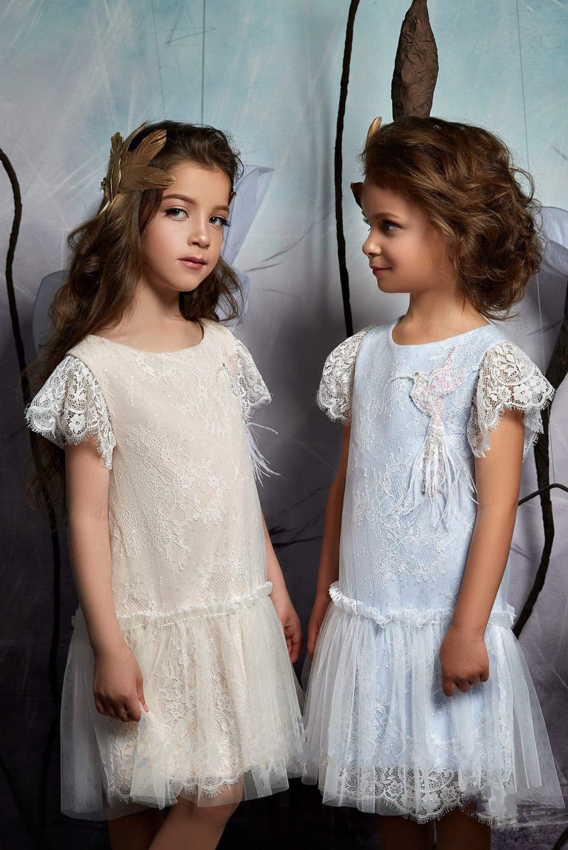 2342 Girls Boho Dress - Lace and Tulle Dress with Hummingbird Beadwork - Mia Bambina Boutique
