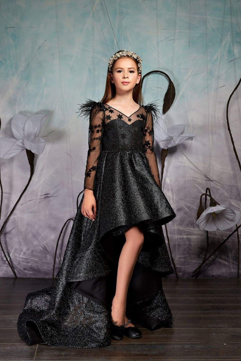 2347 Sparkly Feathers Hi-Low Flower Girl With Train Formal or Birthday Dress - Mia Bambina Boutique