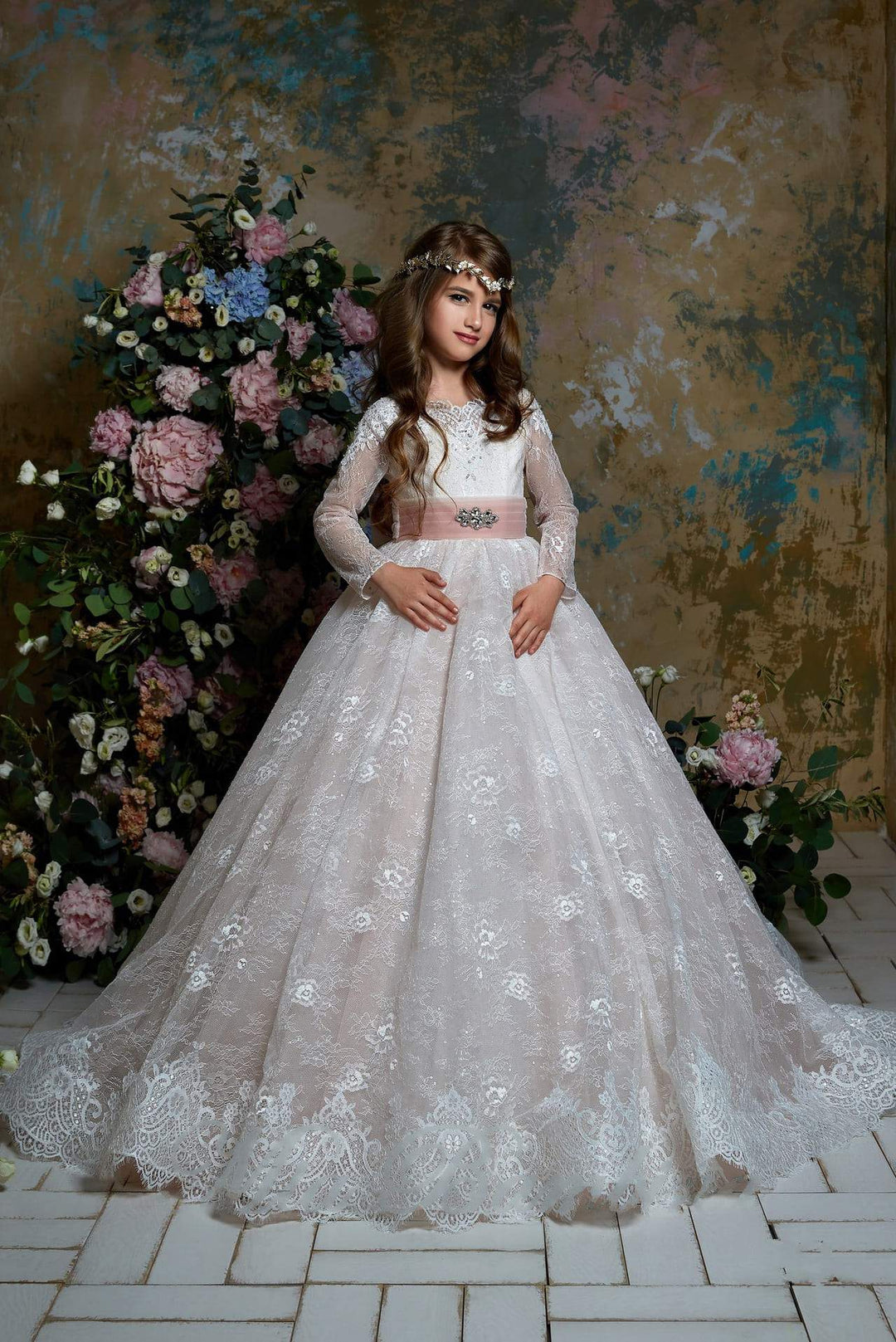 2351 Long Lace Flower Girl Dress for Girls with Sash 2351 Long Lace Flower Girl Dress for Girls with Sash