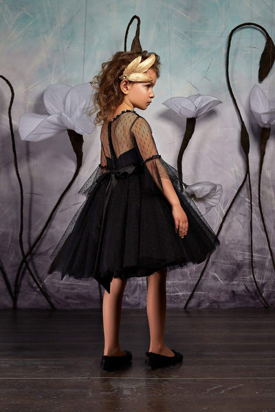 2356 Little Girls Elegant Black Tulle Tutu Dress with Sheer Bell Sleeves - Mia Bambina Boutique