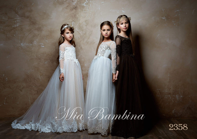 2358 Junior Bridesmaid Long Sleeve Contrast Lace Flowing Gown - Mia Bambina Boutique