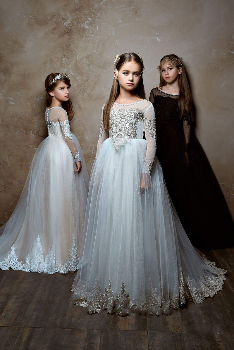 2358 Junior Bridesmaid Long Sleeve Contrast Lace Flowing Gown - Mia Bambina Boutique