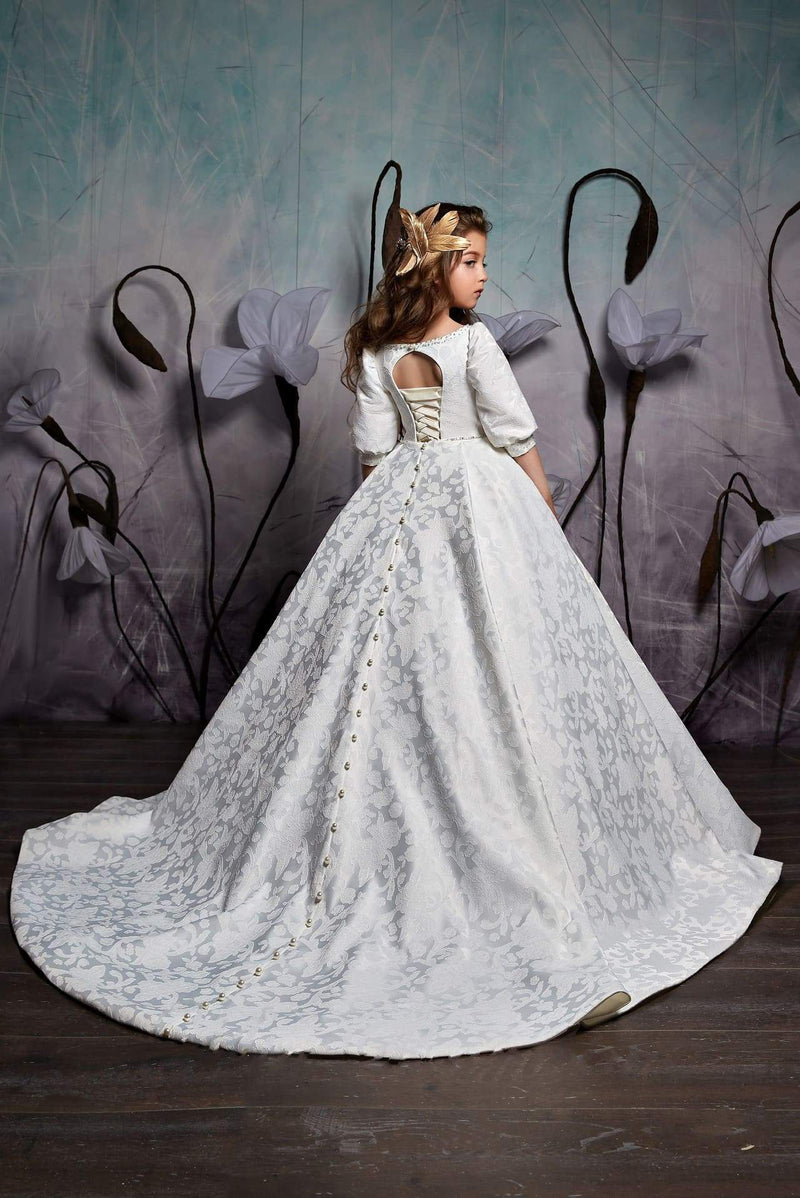 2359 Girls Elegant Classic Princess Style Cuffed Half Sleeves Ball Gown with Train - Mia Bambina Boutique