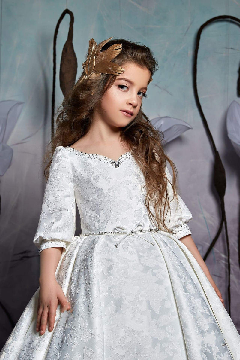 2359 Girls Elegant Classic Princess Style Cuffed Half Sleeves Ball Gown with Train - Mia Bambina Boutique