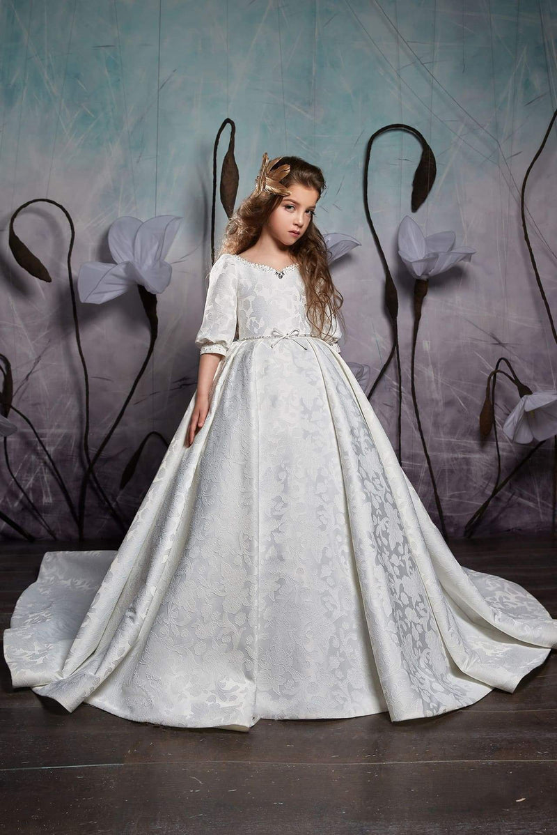 2359 Girls Elegant Classic Princess Style Cuffed Half Sleeves Ball Gown with Train - Mia Bambina Boutique