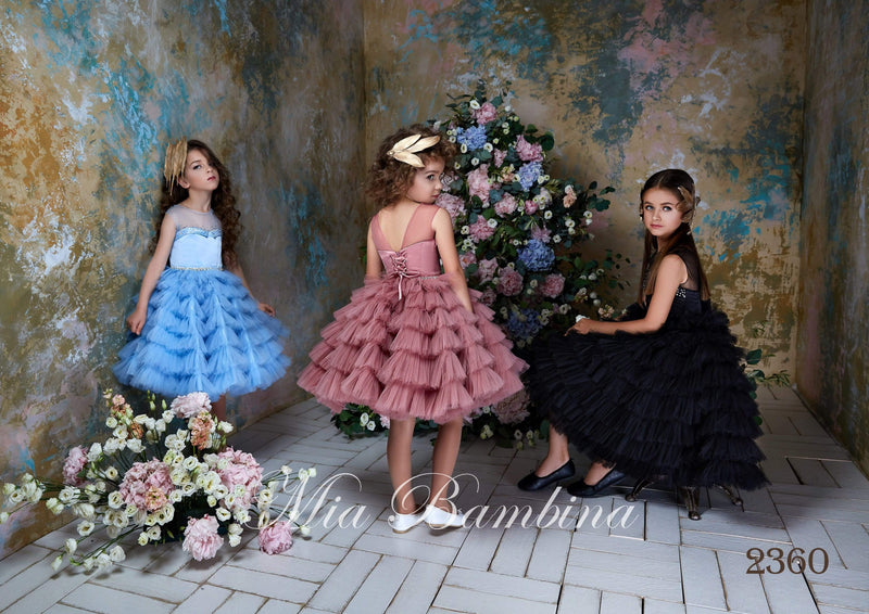 2360 Girls Sleeveless Rhinestone Trim Tiered Tulle Tutu Junior Bridesmaid Dress - Mia Bambina Boutique