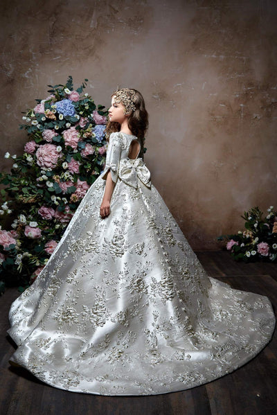 2363 Elegant Floral Brocade Half Sleeve Gown for Little Girl Junior Bridesmaid - Mia Bambina Boutique