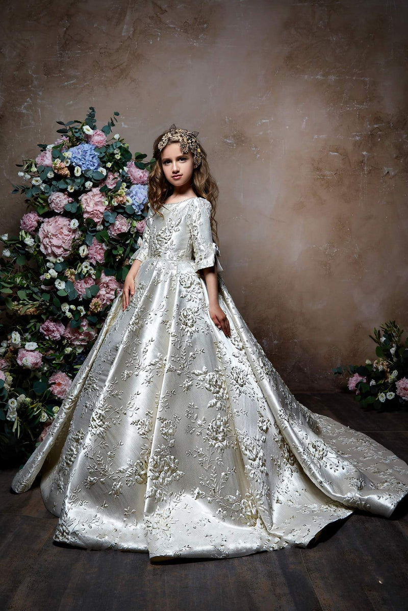 2363 Elegant Floral Brocade Half Sleeve Gown for Little Girl Junior Bridesmaid - Mia Bambina Boutique