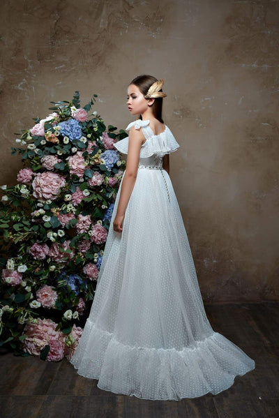 2365 Elegant One-shoulder Ruffle Neckline Flounce A-line Long Dress with Rhinestone Belt - Mia Bambina Boutique