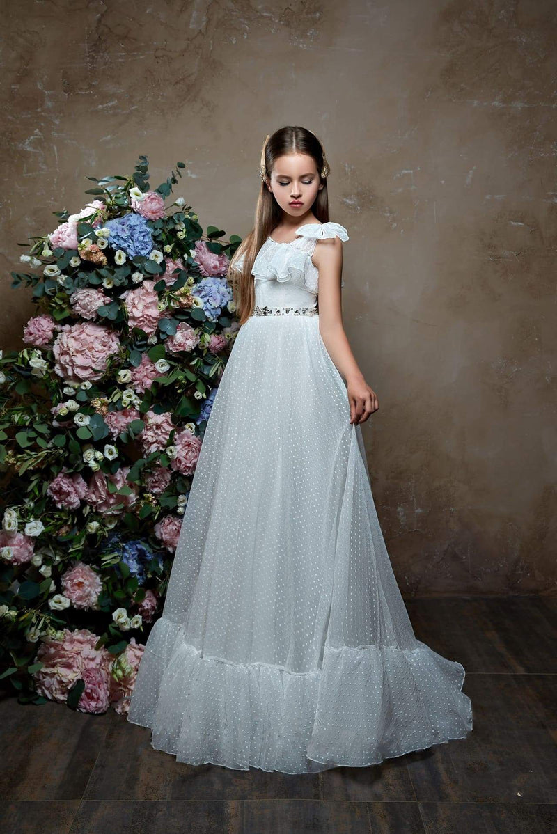 2365 Elegant One-shoulder Ruffle Neckline Flounce A-line Long Dress with Rhinestone Belt - Mia Bambina Boutique